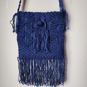 Crossbody Purse Blue Crochet Macrame Fringe Zipper Flap Hobo Button Bag Handbag